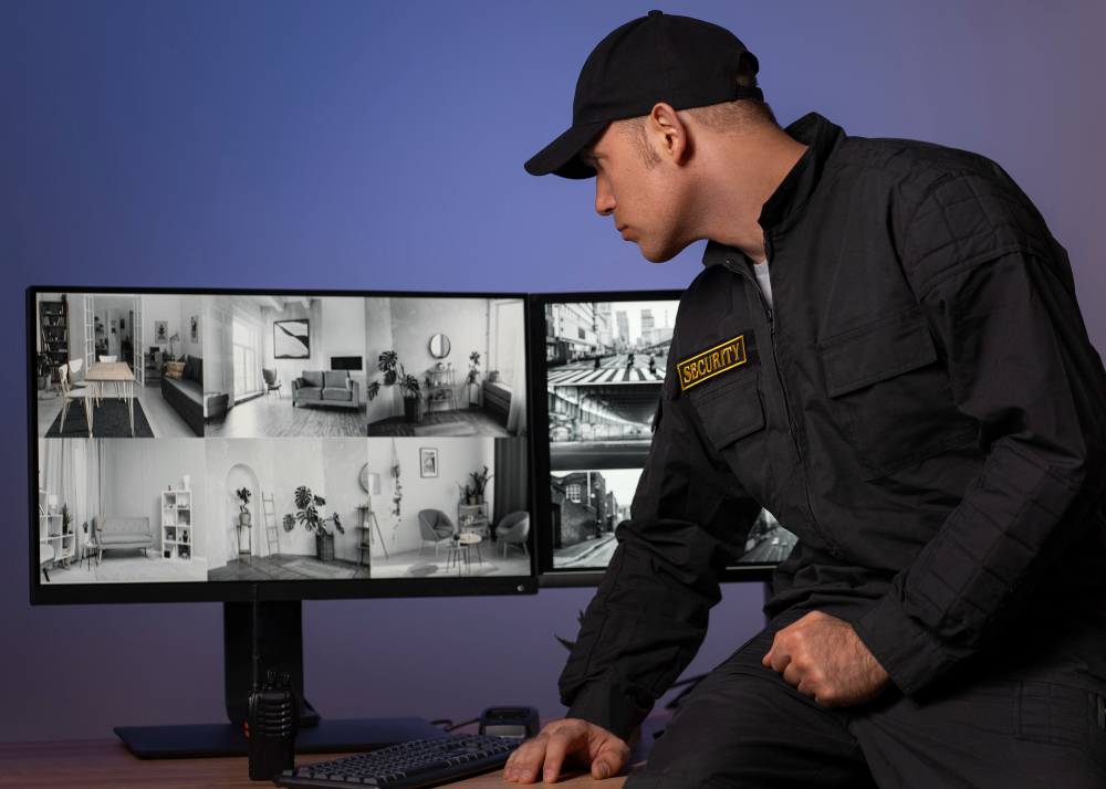 Security technician installing camera